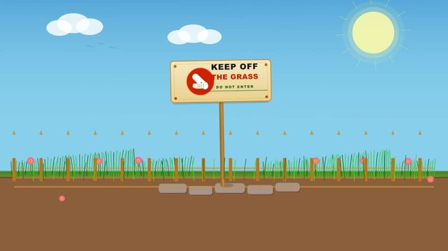 Keep Off The Grass Warning Sign Cartoon Garden Park Restriction Motion Graphic