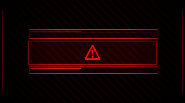 Futuristic digital warning interface with neon red alert symbols and sleek dark background in motion animation
