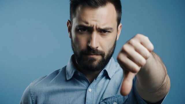 Man changing thumbs up to thumbs down gesture