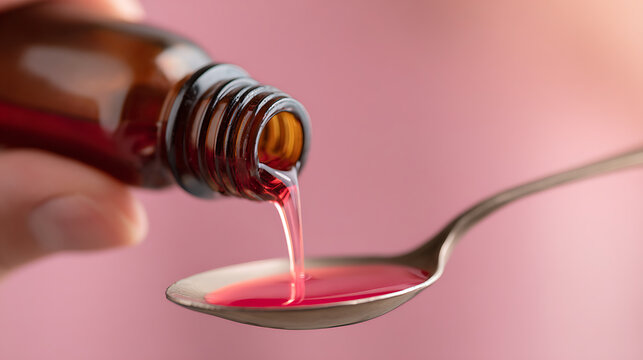 Clear liquid pour from amber bottle into silver spoon, precise measure of health liquid medicine against a soft pink background