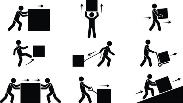 Black stick figure icons, manual handling techniques, lifting, moving heavy boxes, transparent background.
