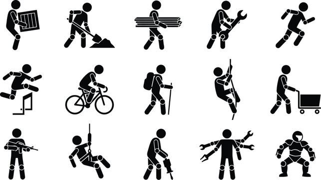 stick figure icons, diverse human activities, transparent background.