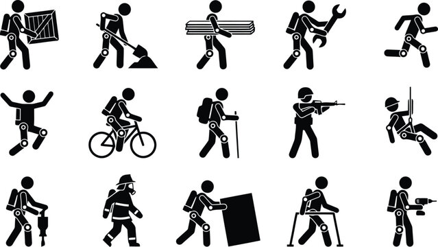 Black icon set, people wearing robotic exoskeleton suits, duty labor tasks,  transparent background.