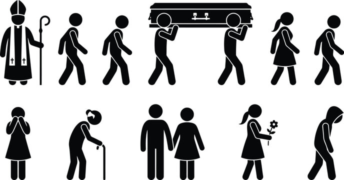 Funeral procession icons, mourners carrying a casket, a priest, stick figure