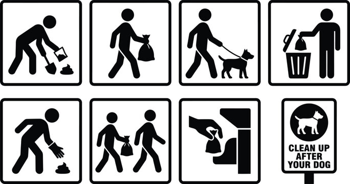pictogram icons, proper pet waste, disposal instructions.