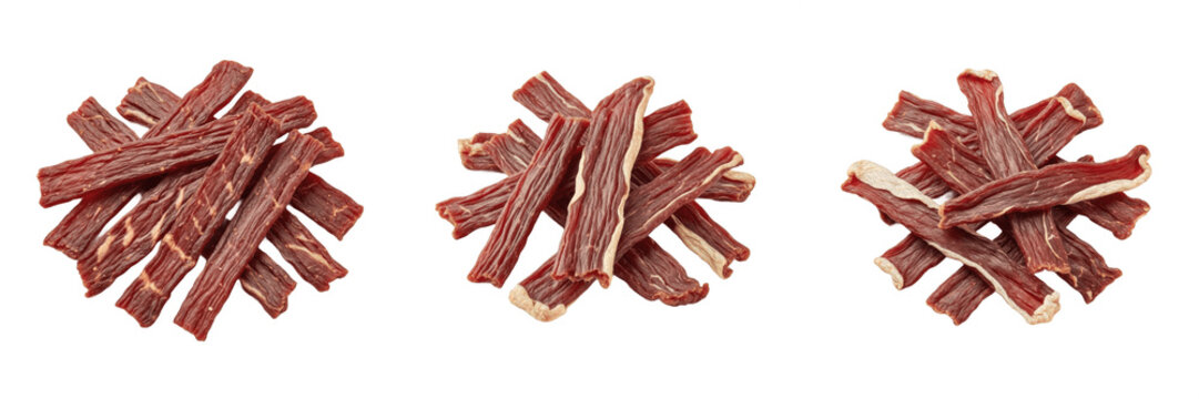 High-quality, professional PNG set of delicious beef jerky strips arranged in neat piles. Ideal for packaging design, food advertising, sports nutrition marketing, snack branding, and gourmet recipe p