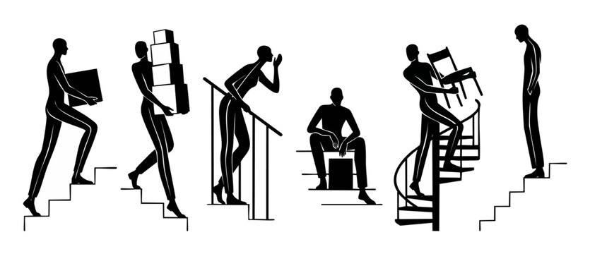 People carrying boxes and moving furniture on stairs silhouette set, professional movers delivering packages and sitting on steps, isolated black icon collection of workers in various poses and action