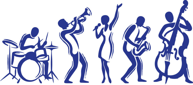 Blue jazz band musicians playing various instruments and singing in a stylized musical performance on transparent background