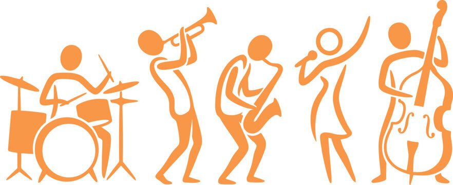 Orange stick figure silhouettes of a jazz band performing together live music on transparent background