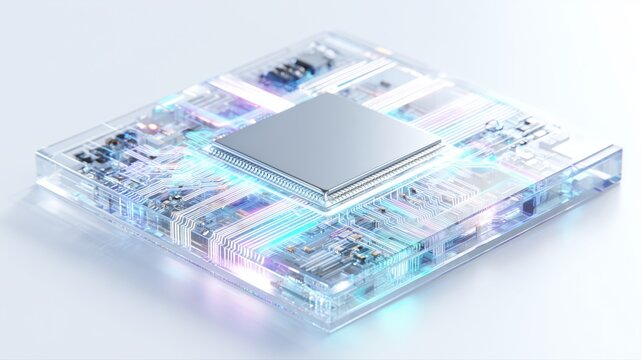 透明な基板に搭載された半導体チップのクローズアップ。テクノロジーや電子機器関連のイメージ素材