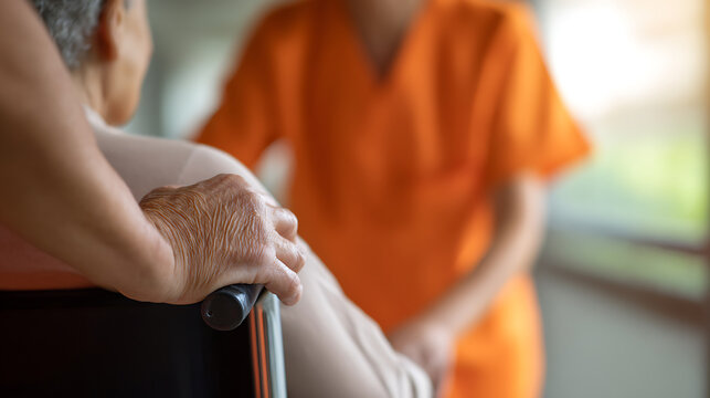 Caring support for an elderly resident in a healthcare facility, a close-up image showing a medical professional assist an older person