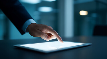 Fototapeta premium Professional touch screen interaction on modern digital tablet, showcasing advanced technology and seamless connectivity in a corporate setting