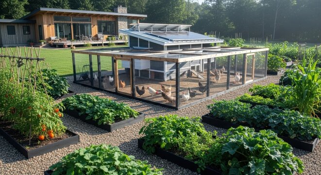Chicken coop with solar panel in backyard garden vegetable patch. Organic farming and sustainable lifestyle. Modern rural homestead with raised bed plants and rustic poultry housing.