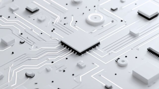 白い電子基板上のマイクロチップのクローズアップ。テクノロジー関連の資料やプレゼンテーションに最適なイメージ素材。