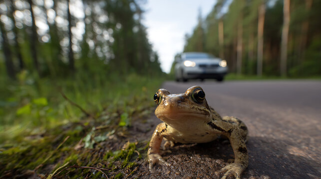 Small frog sits close to busy road next to forest while a car with headlights on approaches in the background, showing wildlife encounter danger