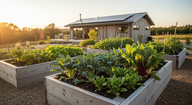 Raised garden bed with green vegetable in front of wooden house with solar panel. Sustainable living at country farm. Organic vegetable growth and rural lifestyle at sunset in summer.