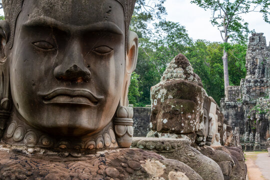 Close-up of Deva stone face at Angkor Thom, Cambodia.