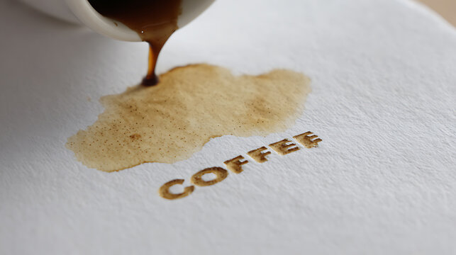 Rich Coffee Pour Create Stain on White Textured Surface with Word Form Below, Abstract Beverage Accident, Morning Drink Concept