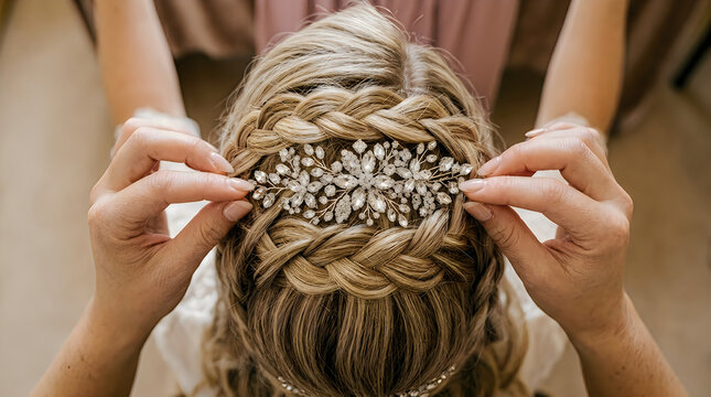 Woman with braided hairstyle and decorative hairpiece being styled by hands