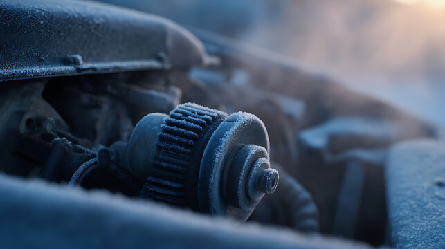 Close-up detail of a frosty car engine part on a cold morning, showing ice crystals and steam, highlighting winter conditions and automotive challenges