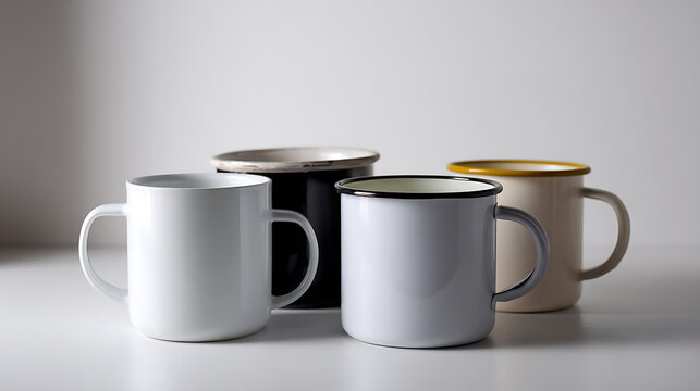 Aesthetic arrangement of contemporary and vintage enamelware mugs and cups, clean white background, minimalist composition, perfect for product display