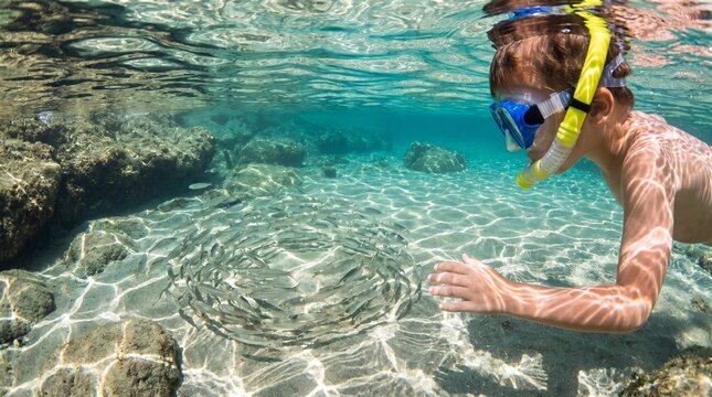 Child snorkeling in crystal clear water observing a fish school, highlighting outdoor adventure and ocean life exploration.