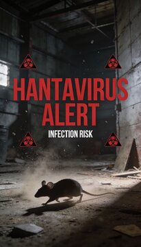 Rodent in abandoned warehouse with biohazard warning signs. Hantavirus 