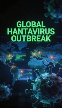 Global hantavirus outbreak concept with virus particles and world map data visualization