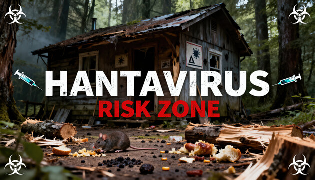 Hantavirus risk warning sign on abandoned wooden cabin in forest with biohazard symbols