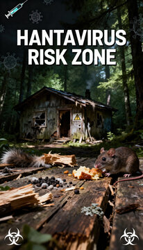 Hantavirus risk warning sign at abandoned wooden cabin with rodents in forest