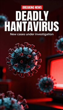 3d rendering of hantavirus particle with breaking news headline on red medical background