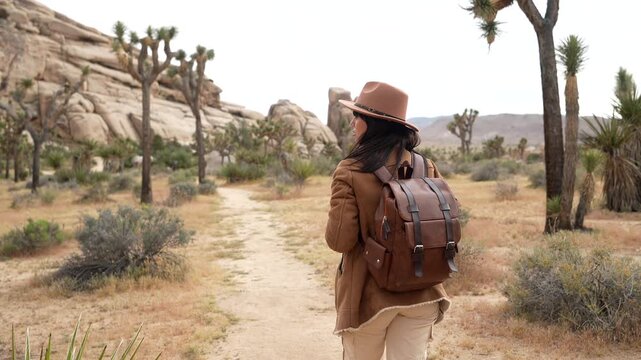 Young female traveler with a backpack and hat trekking on a dusty trail in hidden valley, surrounded by the unique flora and rock formations of the mojave desert in california