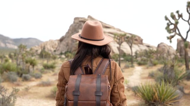 Adventurous young woman wearing a backpack and hat hiking on a desert trail through hidden valley in joshua tree national park, california, exploring the arid wilderness and rock formations