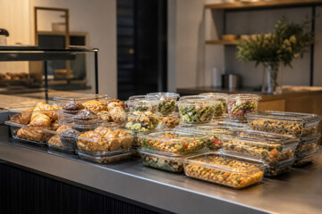 Obraz premium Packaged prepared meals and pastries on cafe counter