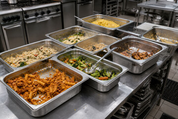 Obraz premium Catering trays with leftover pasta and vegetables in kitchen