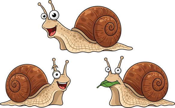 Set of Cute Cartoon Snail Characters Vector Illustration Featuring Happy Smiling Garden Snails with Brown Shells and Green Leaf for Kids Education Children Storybooks and Nature Design.