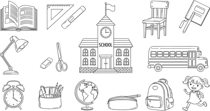 Back to School Doodle Vector Set Featuring School Building Bus Student Girl Backpack Stationery Books and Classroom Supplies for Education Kids Learning and Teacher Resources.