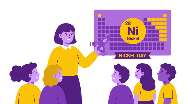Science teacher presenting periodic table element nickel to kids