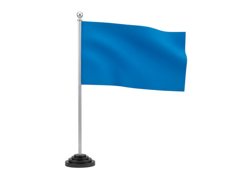 Blue flag waving on a metallic flagpole with a base stand