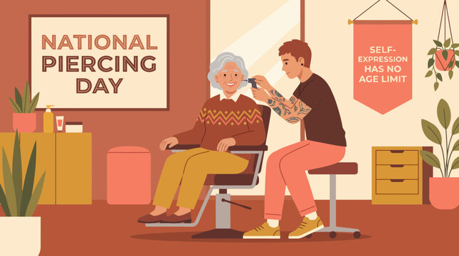 Senior Woman Getting Ear Piercing at Studio Illustration