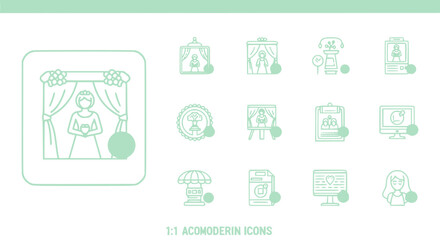 Obraz premium Wedding Icons Set: Bride, Ceremony, Invitations, Computer, Analytics, Display