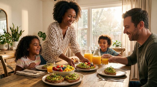 Family enjoying a cheerful breakfast together at a sunny dining table.