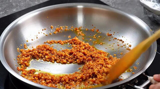 Food cooking in a pan for appetizing food commercials and menu design