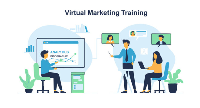 Virtual marketing training illustration with people learning online, analytics presentation, and remote team collaboration
