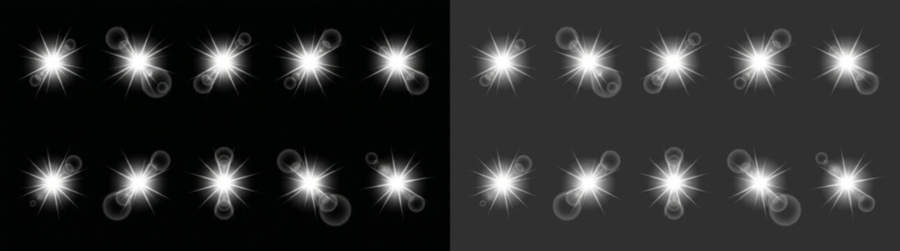 Set of white lens flares and starburst light effects with glowing rays and circles on dark backgrounds isolated on transparent background