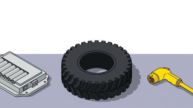 Isometric illustration of automotive spare parts including a black rubber tire and electronic control unit.