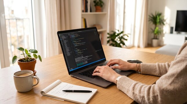 Female coder programming on laptop at cozy wooden desk workspace