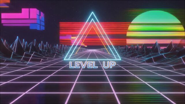 Retro Synthwave Level Up Animation: Neon Triangle & Grid Landscape