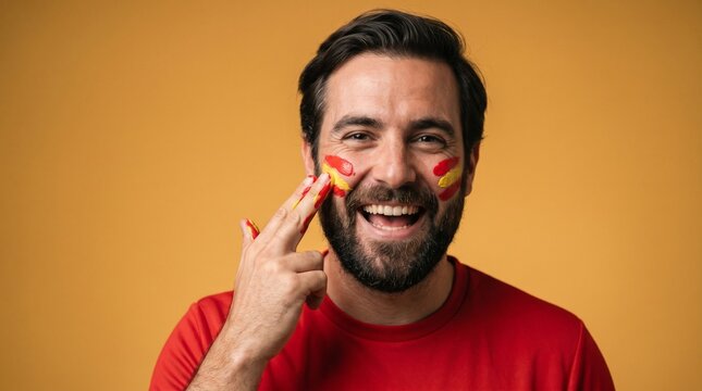 Happy Spanish Soccer Fan Applying National Flag Face Paint on Yellow Background