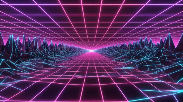 Retrofuturistic Grid Landscape Flight, Neon Pink and Blue Abstract Journey